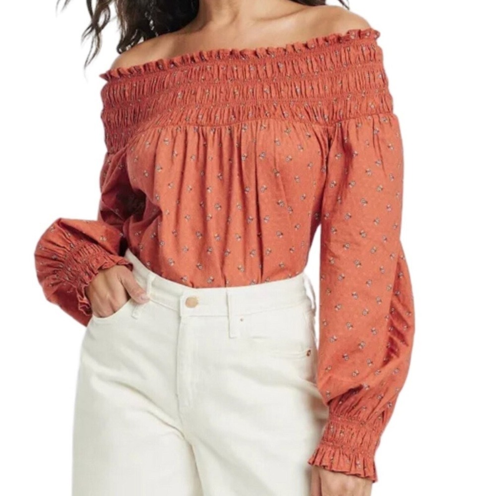 Universal‎ Thread Womens NWT Smocked Off Shoulder Top Orange Floral Boho Size S